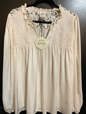 Knox Rose Soft Cream Smocked Lace Yoke Blouse